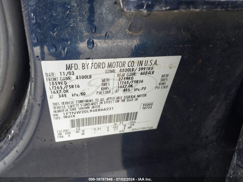 2004 Ford F250 Super Duty VIN: 1FTNW20L94EB66231 Lot: 39787946