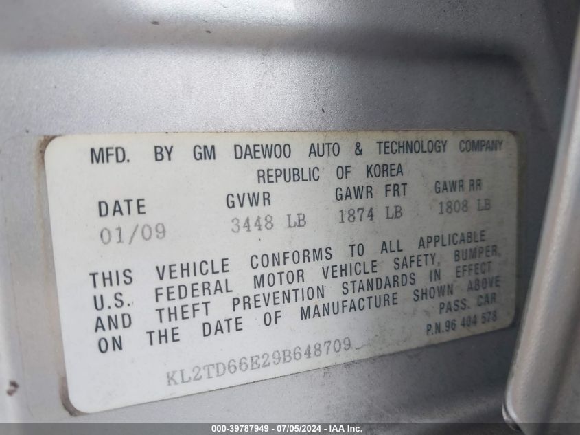 2009 Pontiac G3 VIN: KL2TD66E29B648709 Lot: 39787949
