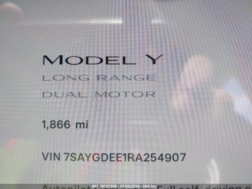 2024 Tesla Model Y Long Range Dual Motor All-Wheel Drive VIN: 7SAYGDEE1RA254907 Lot: 39787956