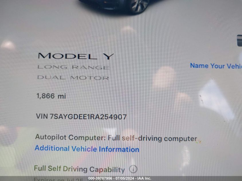 2024 Tesla Model Y Long Range Dual Motor All-Wheel Drive VIN: 7SAYGDEE1RA254907 Lot: 39787956