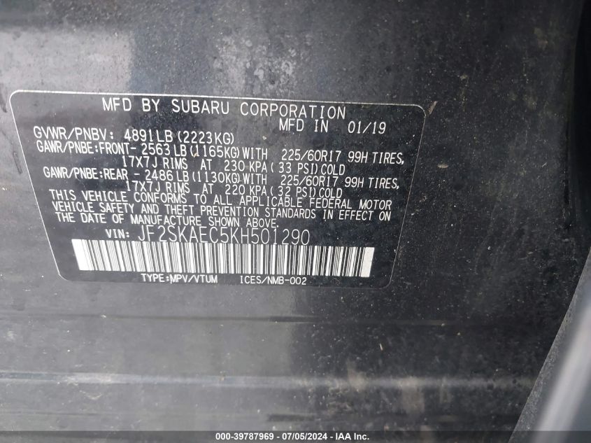 2019 Subaru Forester Premium VIN: JF2SKAEC5KH501290 Lot: 39787969