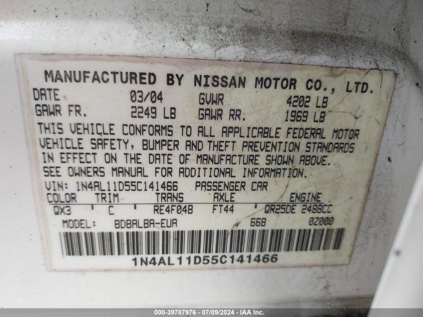 2005 Nissan Altima 2.5 S VIN: 1N4AL11D55C141466 Lot: 39787976
