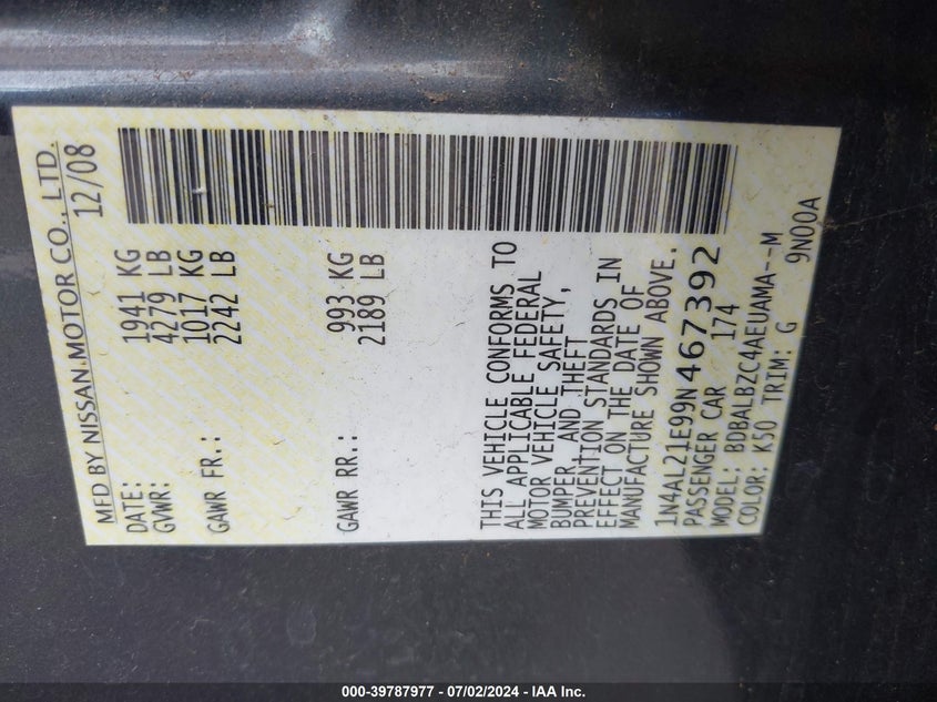 2009 Nissan Altima 2.5 S VIN: 1N4AL21E99N467392 Lot: 39787977