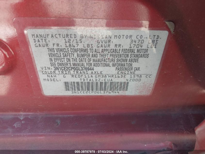 2016 Nissan Versa Note S/S Plus/Sv/Sl/Sr VIN: 3N1CE2CP0GL376944 Lot: 39787978