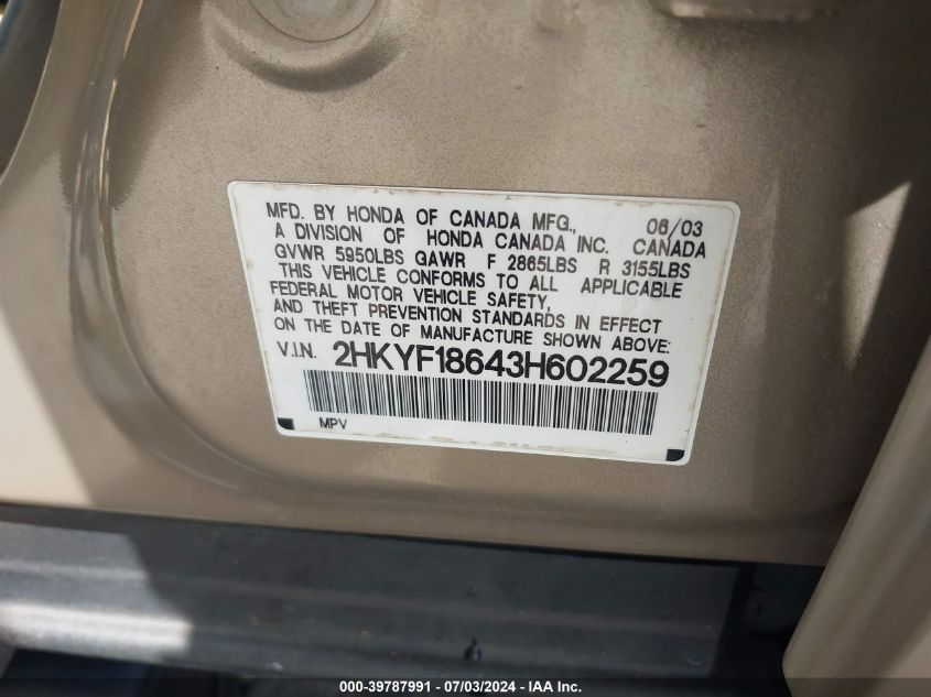 2003 Honda Pilot Ex-L VIN: 2HKYF18643H602259 Lot: 39787991