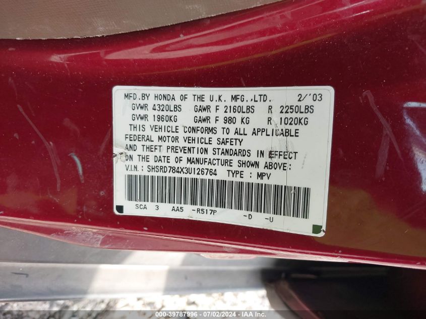 2003 Honda Cr-V Lx VIN: SHSRD784X3U126764 Lot: 39787996