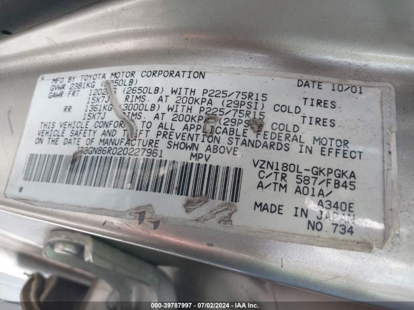 2002 Toyota 4Runner Sr5 V6 VIN: JT3GN86R020227961 Lot: 39787997