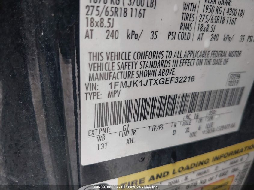 2016 Ford Expedition El Xlt VIN: 1FMJK1JTXGEF32216 Lot: 39788006