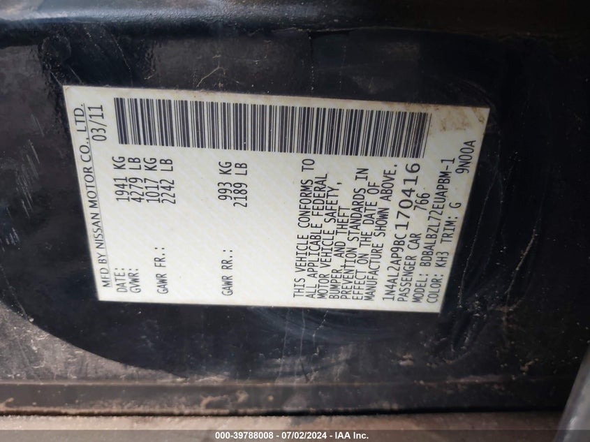 2011 Nissan Altima 2.5 S VIN: 1N4AL2AP9BC170416 Lot: 39788008