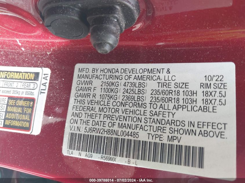2022 Honda Cr-V Awd Ex-L VIN: 5J6RW2H88NL004485 Lot: 39788014