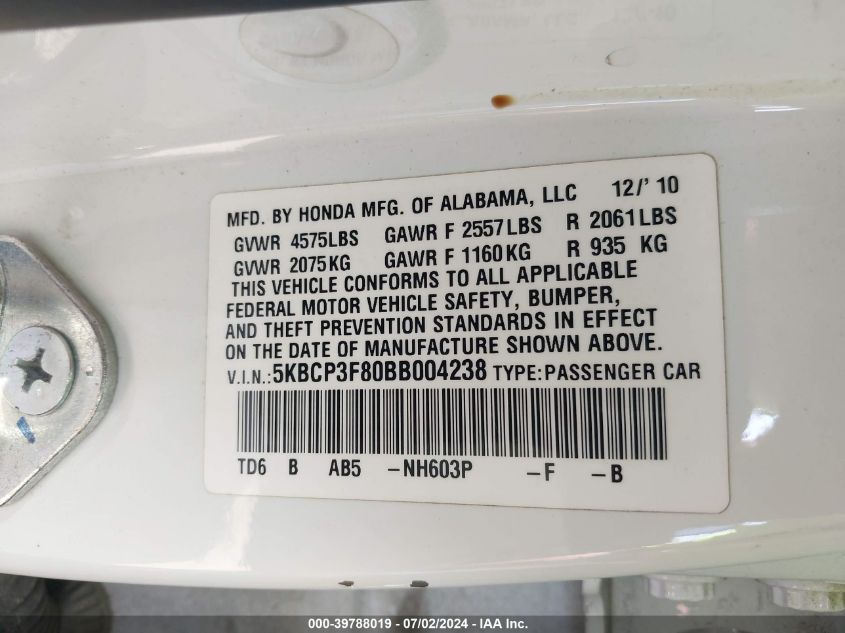 2011 Honda Accord 3.5 Ex-L VIN: 5KBCP3F80BB004238 Lot: 39788019