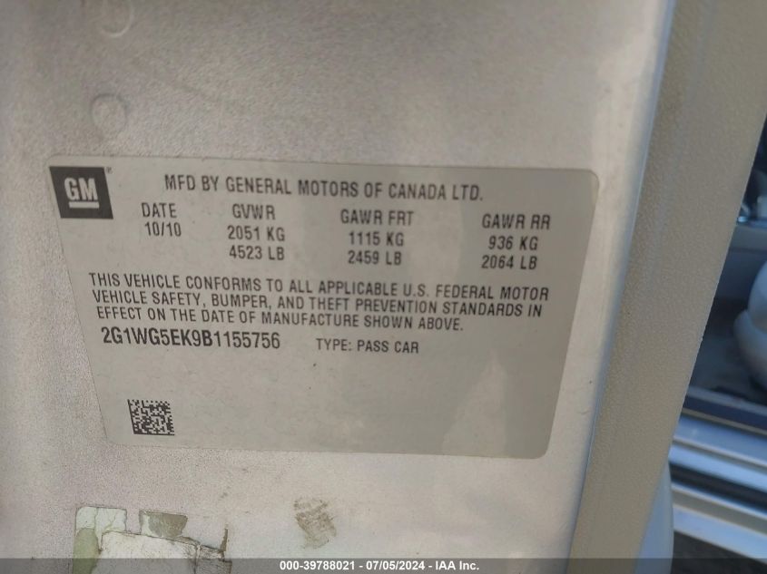 2011 Chevrolet Impala Lt VIN: 2G1WG5EK9B1155756 Lot: 39788021