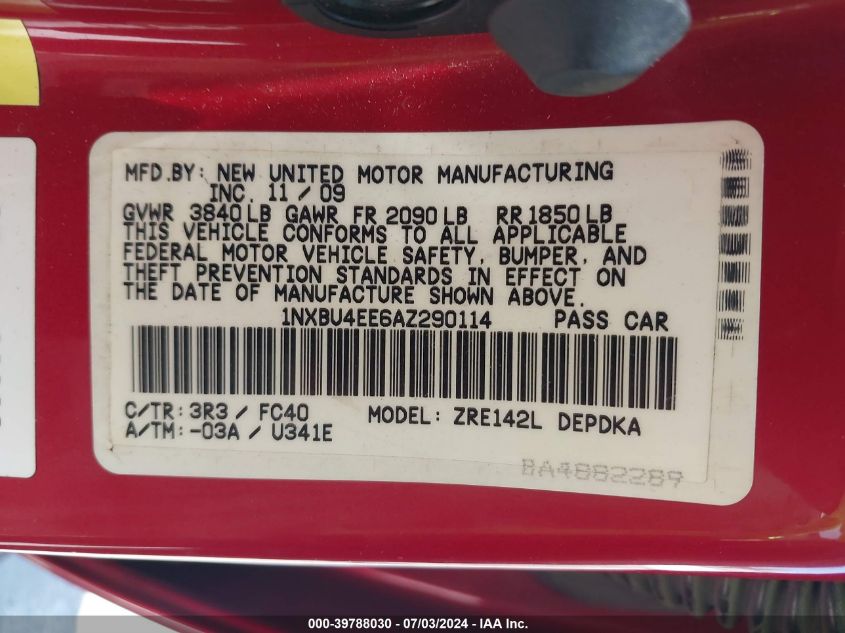 2010 Toyota Corolla Le VIN: 1NXBU4EE6AZ290114 Lot: 39788030