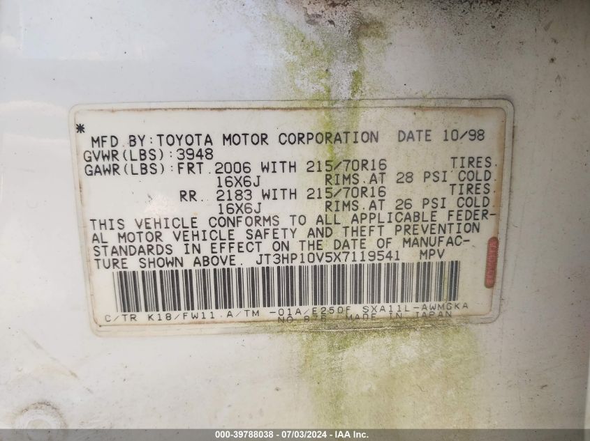 1999 Toyota Rav4 VIN: JT3HP10V5X7119541 Lot: 39788038