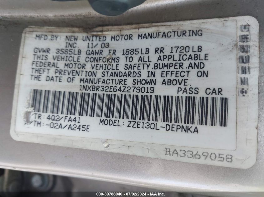 2004 Toyota Corolla Le VIN: 1NXBR32E64Z279019 Lot: 39788040