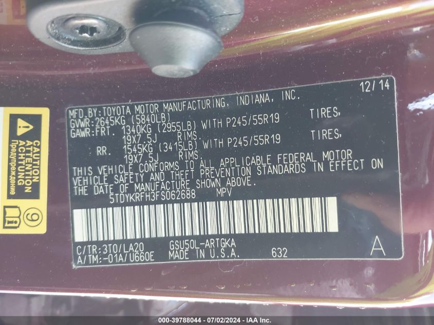 2015 Toyota Highlander Limited Platinum V6 VIN: 5TDYKRFH3FS062688 Lot: 39788044