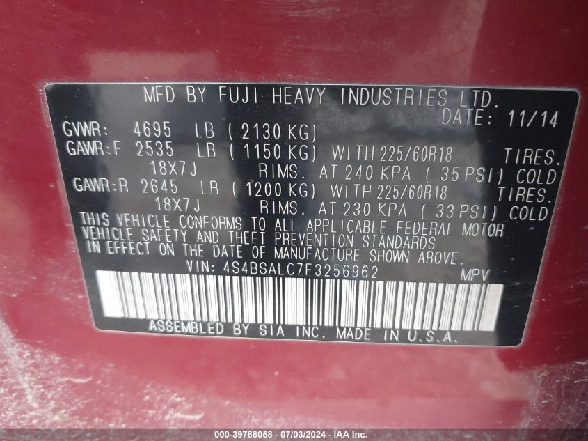 2015 Subaru Outback 2.5I Limited VIN: 4S4BSALC7F3256962 Lot: 39788058