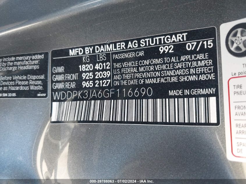 2016 Mercedes-Benz Slk 300 VIN: WDDPK3JA6GF116690 Lot: 39788063