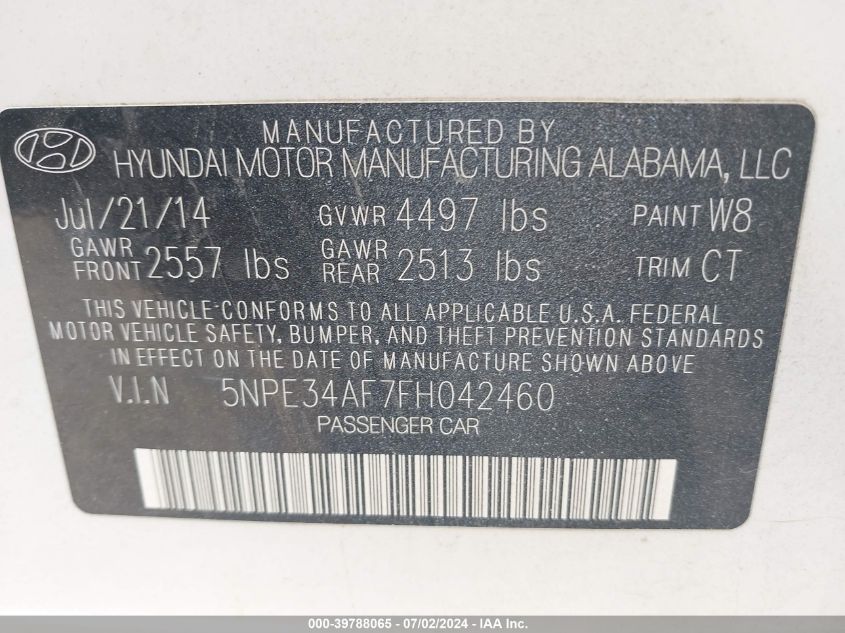 2015 Hyundai Sonata Sport VIN: 5NPE34AF7FH042460 Lot: 39788065