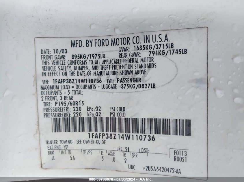 2004 Ford Focus Zts VIN: 1FAFP38Z14W110736 Lot: 39788070