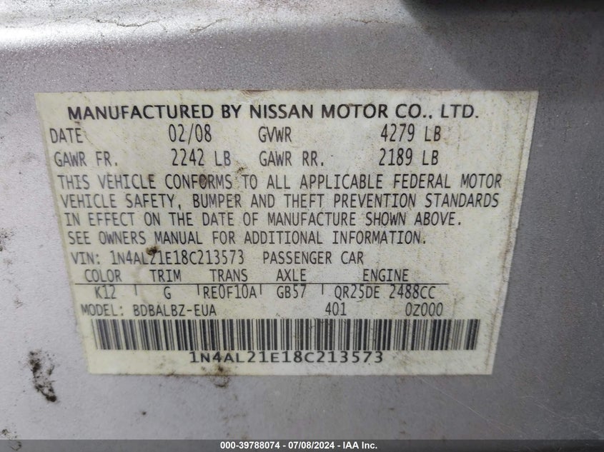 2008 Nissan Altima 2.5 S VIN: 1N4AL21E18C213573 Lot: 39788074