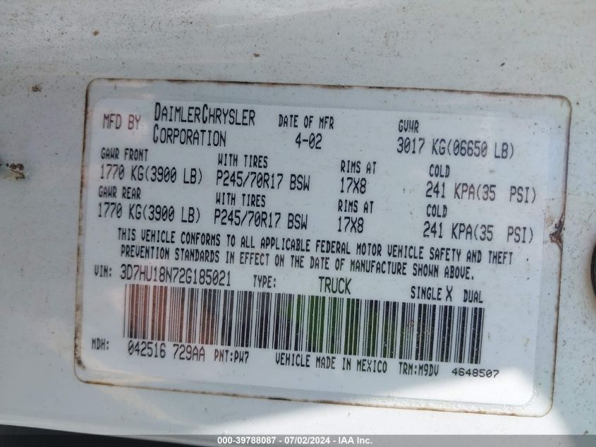 2002 Dodge Ram 1500 St VIN: 3D7HU18N72G185021 Lot: 39788087