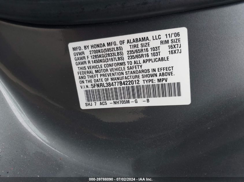 2007 Honda Odyssey Ex VIN: 5FNRL38477B422012 Lot: 39788090