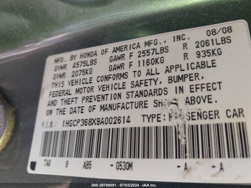 2009 Honda Accord Exl VIN: 1HGCP368X9A002614 Lot: 39788091
