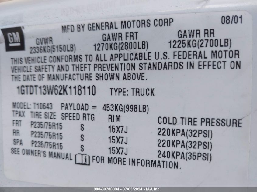 2002 GMC Sonoma VIN: 1GTDT13W62K118110 Lot: 39788094