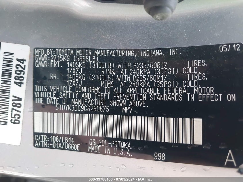 2012 Toyota Sienna Xle V6 8 Passenger VIN: 5TDYK3DC9CS260675 Lot: 39788100