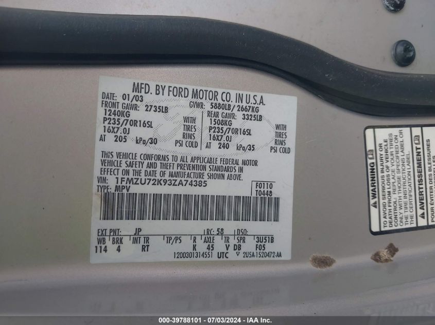 2003 Ford Explorer Xls VIN: 1FMZU72K93ZA74385 Lot: 39788101