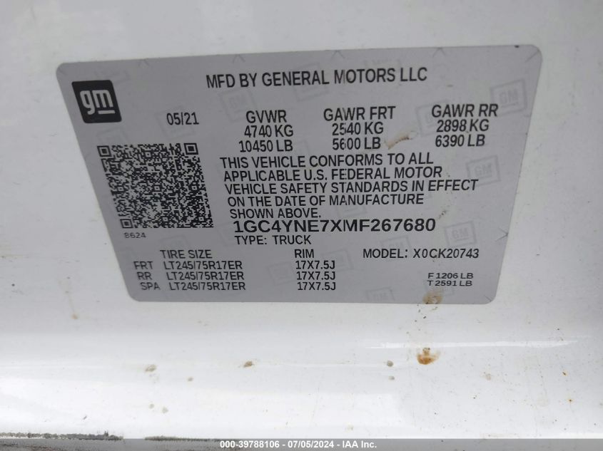 2021 Chevrolet Silverado 2500Hd 4Wd Standard Bed Lt VIN: 1GC4YNE7XMF267680 Lot: 39788106