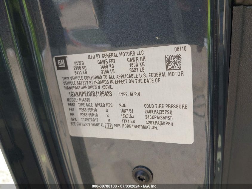 2011 GMC Acadia Sle VIN: 1GKKRPEDXBJ105438 Lot: 39788108