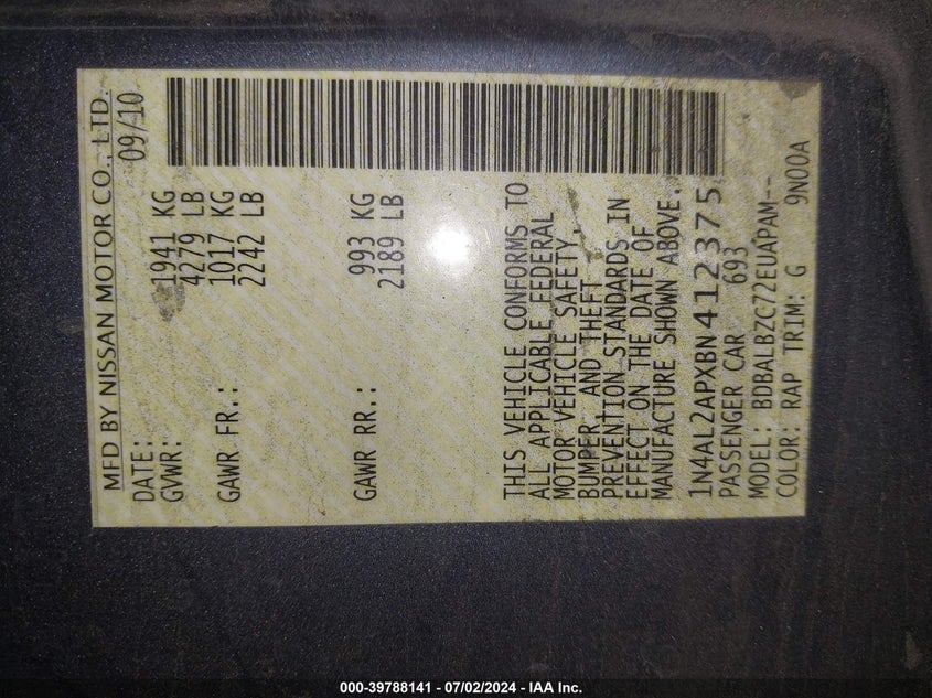 2011 Nissan Altima S VIN: 1N4AL2APXBN412375 Lot: 39788141