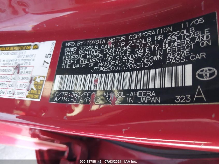 2006 Toyota Prius VIN: JTDKB20U167063139 Lot: 39788143