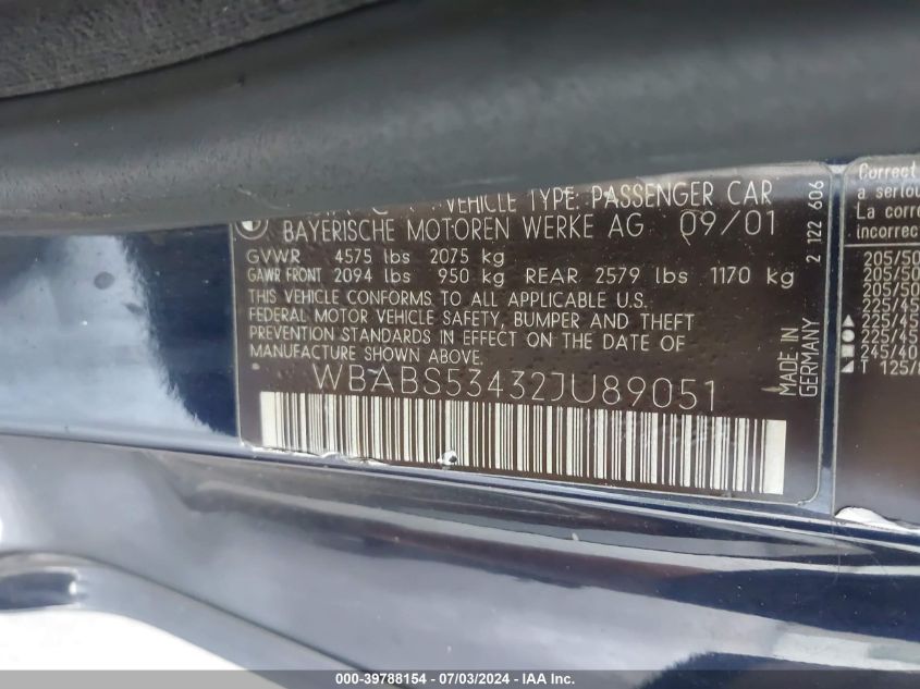 2002 BMW 330Ci VIN: WBABS53432JU89051 Lot: 39788154