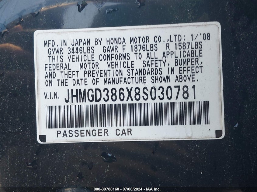2008 Honda Fit Sport VIN: JHMGD386X8S030781 Lot: 39788160