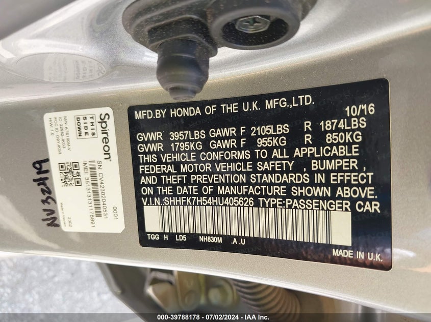 2017 HONDA CIVIC EX - SHHFK7H54HU405626