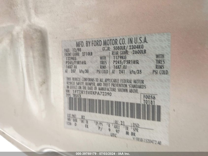 1999 Ford Ranger Xl/Xlt VIN: 1FTZR15V0XPA72390 Lot: 39788179