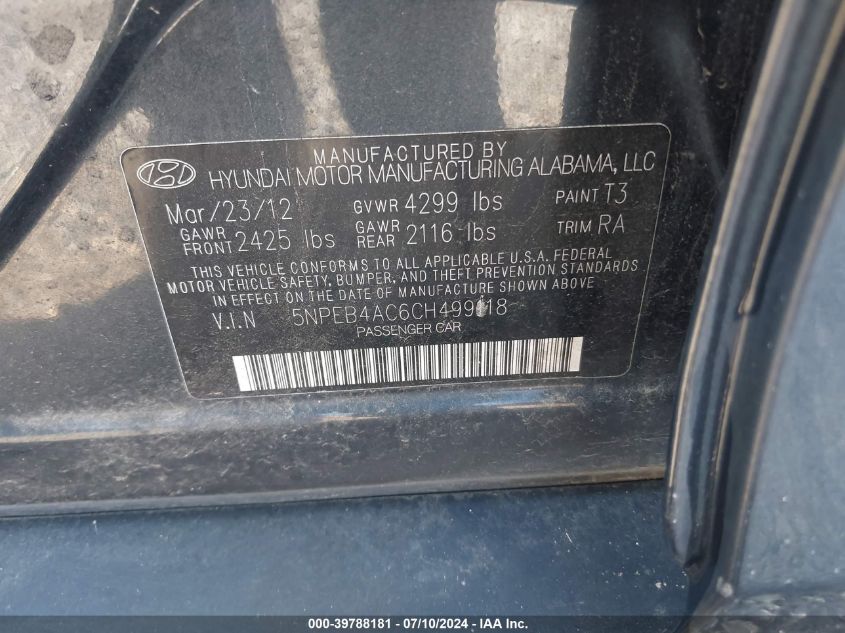 2012 Hyundai Sonata Gls VIN: 5NPEB4AC6CH499118 Lot: 39788181