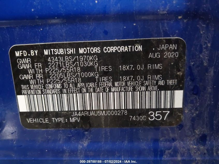 2021 Mitsubishi Outlander Sport 2.0 Es Awc VIN: JA4ARUAU5MU000278 Lot: 39788188