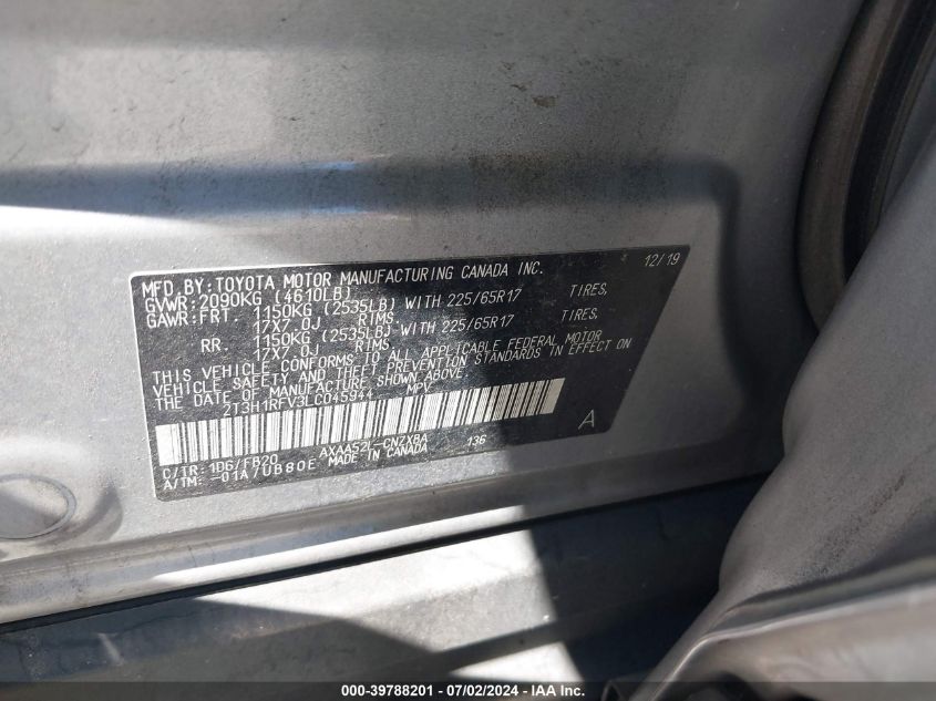 2020 Toyota Rav4 Le VIN: 2T3H1RFV3LC045944 Lot: 39788201