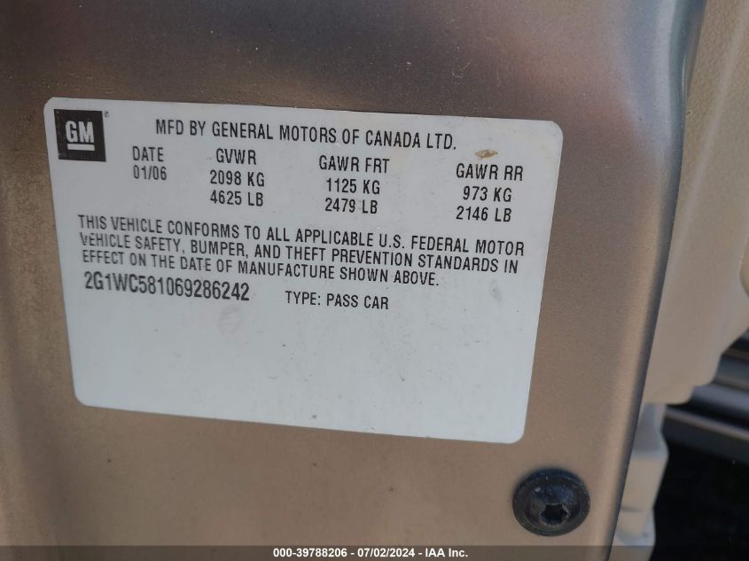 2006 Chevrolet Impala Lt VIN: 2G1WC581069286242 Lot: 39788206
