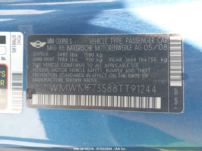 2008 Mini Cooper S VIN: WMWMF73588TT91244 Lot: 39788216