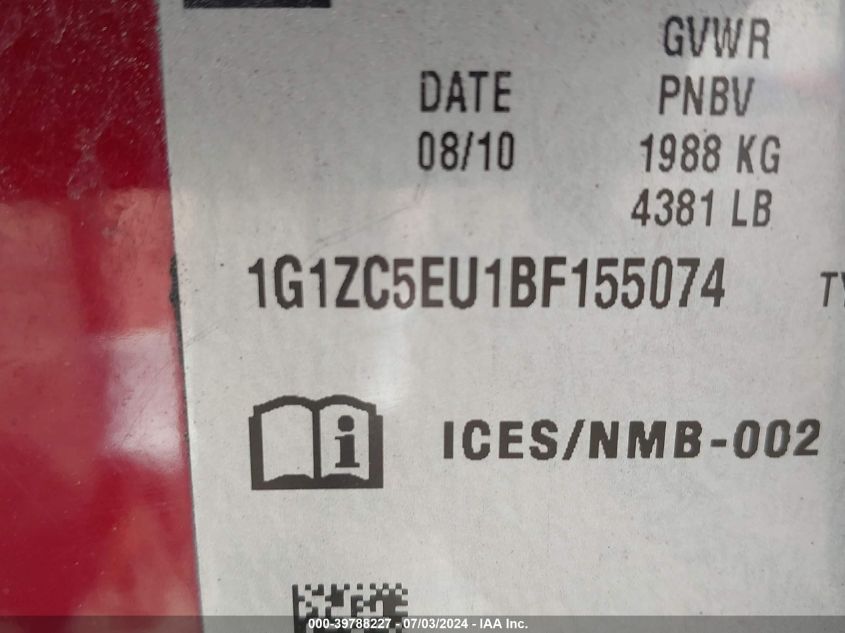 2011 Chevrolet Malibu 1Lt VIN: 1G1ZC5EU1BF155074 Lot: 39788227