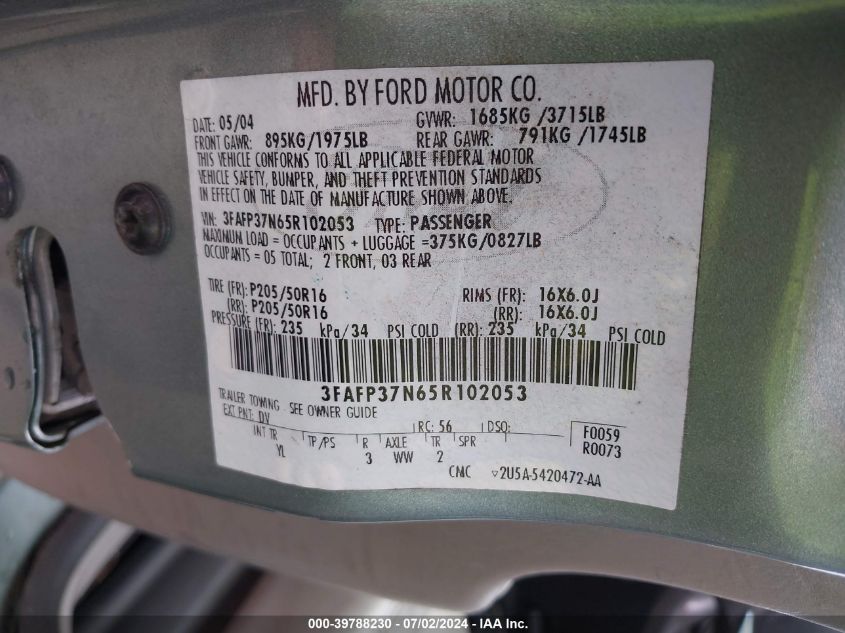 2005 Ford Focus Zx5 VIN: 3FAFP37N65R102053 Lot: 39788230