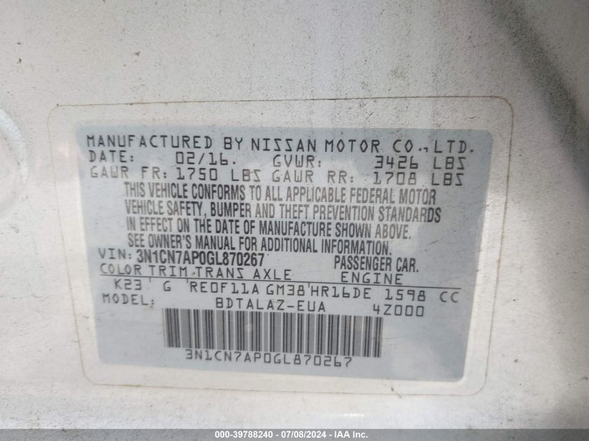 2016 Nissan Versa 1.6 S+ VIN: 3N1CN7AP0GL870267 Lot: 39788240