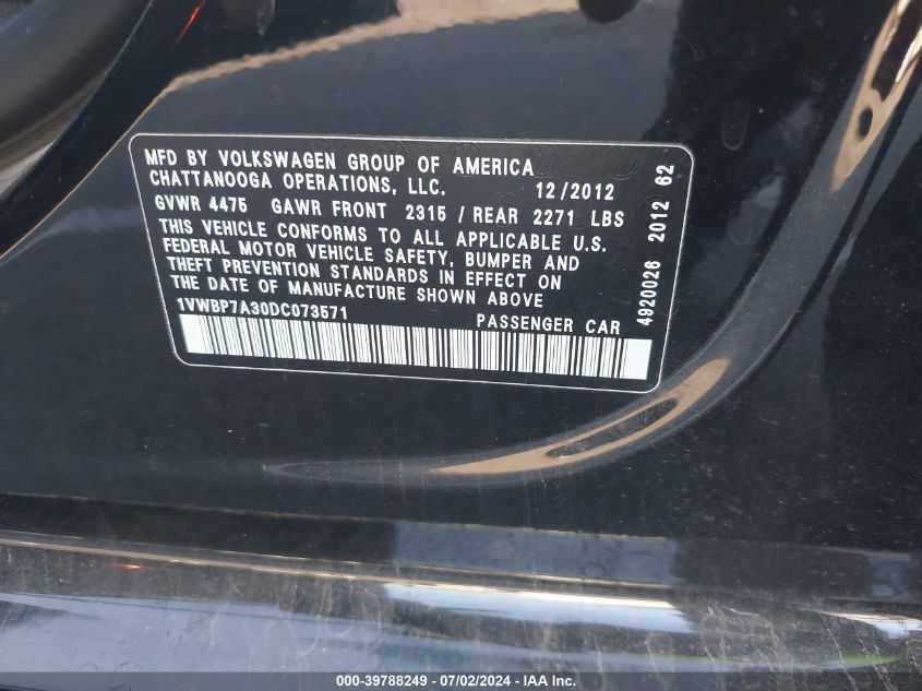 2013 Volkswagen Passat 2.5L Se VIN: 1VWBP7A30DC073571 Lot: 39788249