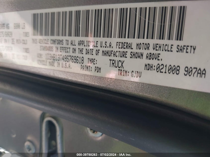 2009 Dodge Ram 1500 Laramie VIN: 1D3HB13T49S769618 Lot: 39788263