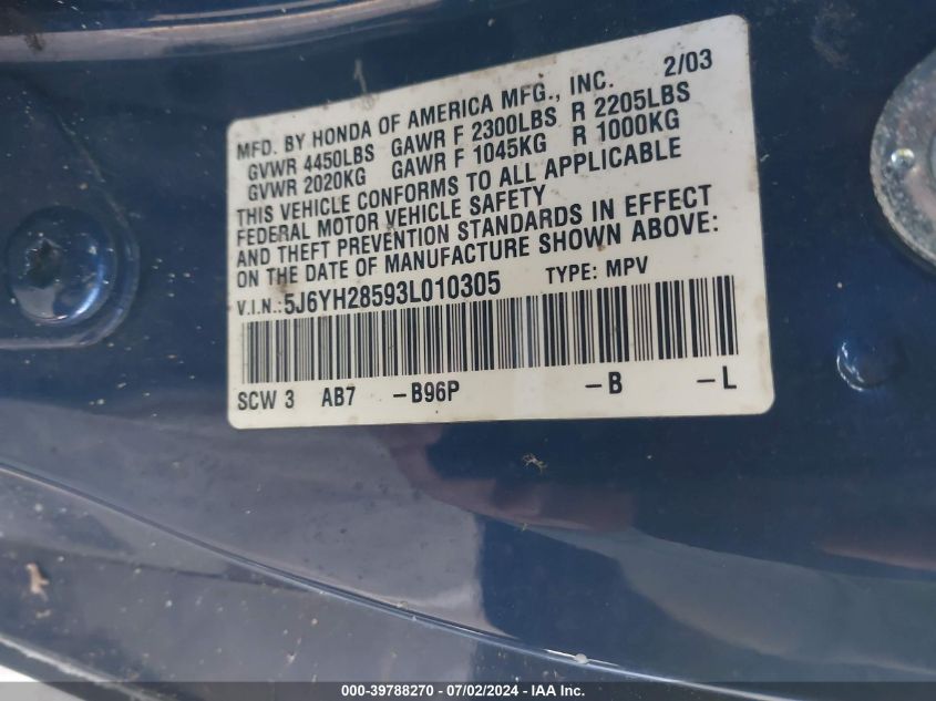 2003 Honda Element Ex VIN: 5J6YH28593L010305 Lot: 39788270